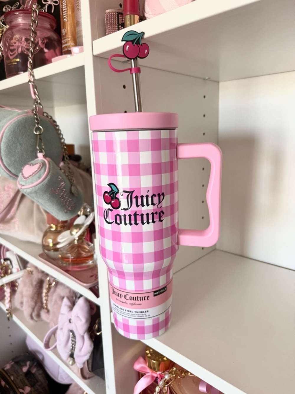 Juicy Couture Pink Gingham Cherry Travel Tumbler with Handle